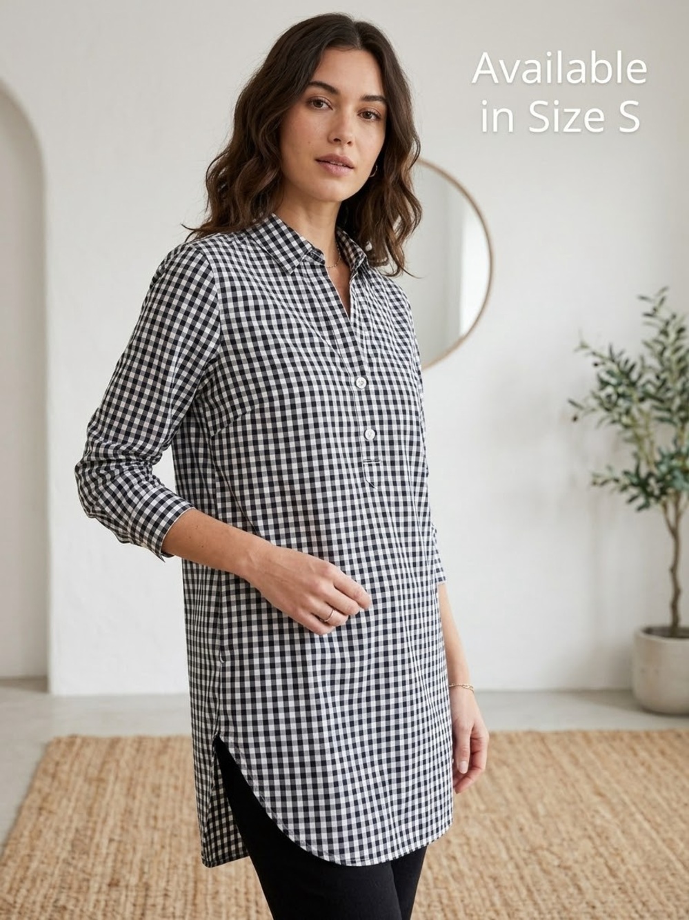 Black & White Gingham Popover Tunic Shirt Long Sleeve Pockets XL